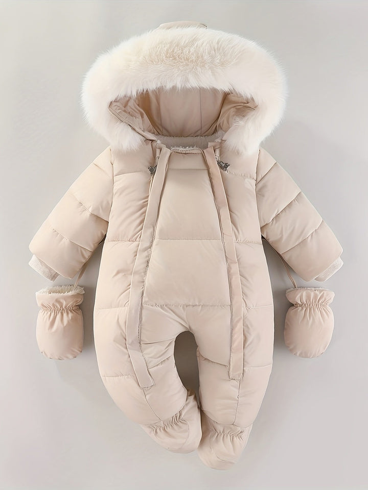 Quilted hooded baby snowsuit with fur trim, enclosed feet and matching mittens