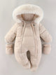 Quilted hooded baby snowsuit with fur trim, enclosed feet and matching mittens