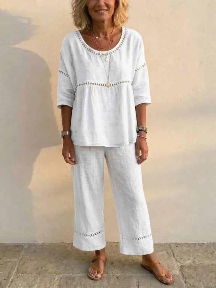 Women's two-piece linen set with lace trim