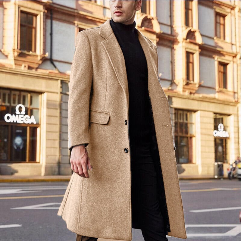 Men's long tailored coat with notched lapels and flap pockets