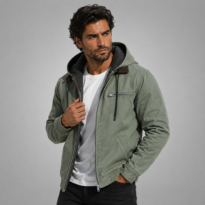 Men's hooded utility jacket with zip fastening, chest pocket and ribbed trims