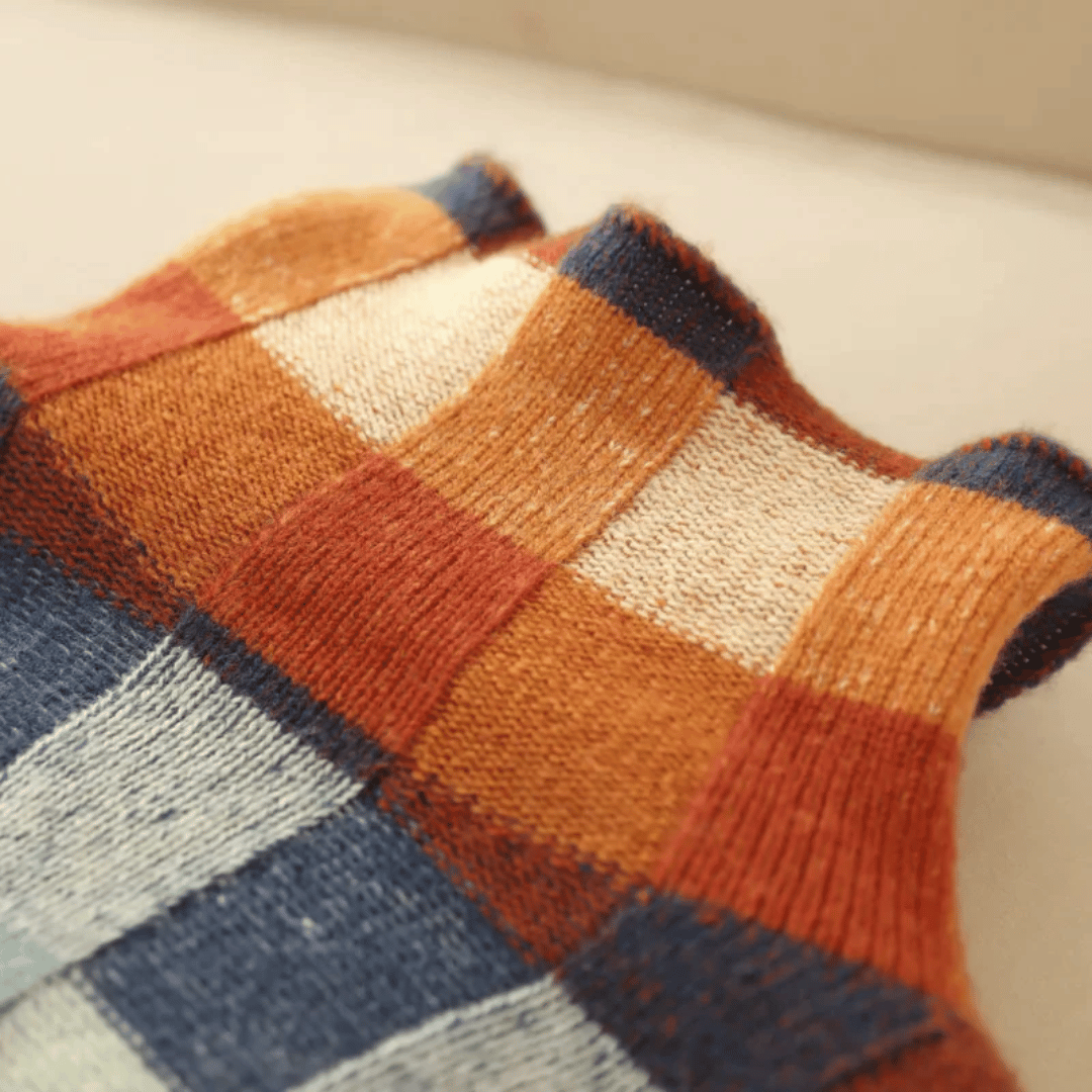 Women's multicoloured checkered patchwork turtleneck jumper with long sleeves