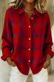 Women's red plaid button cardigan with collar and long sleeves