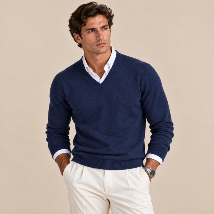 Men's V-neck sweater with long sleeves and ribbed trims