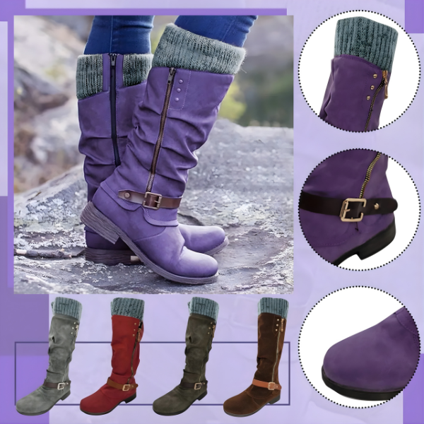 Women's slouch knee-high boots with ribbed cuffs, side zips and buckle straps