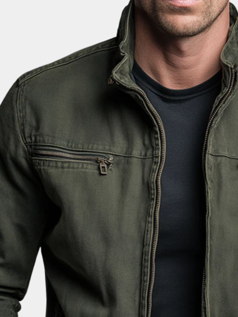 Men's olive field jacket with high collar and zip pockets