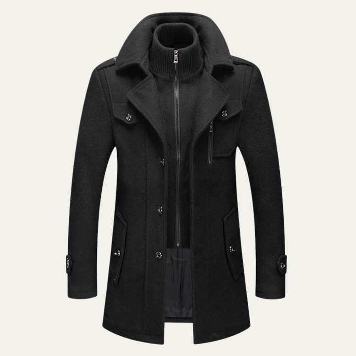 Men's long structured coat with high collar, zip front, buttons and multiple pockets
