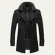 Men's long structured coat with high collar, zip front, buttons and multiple pockets
