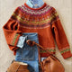 Women's red Fair Isle knitted jumper with crew neck and long sleeves