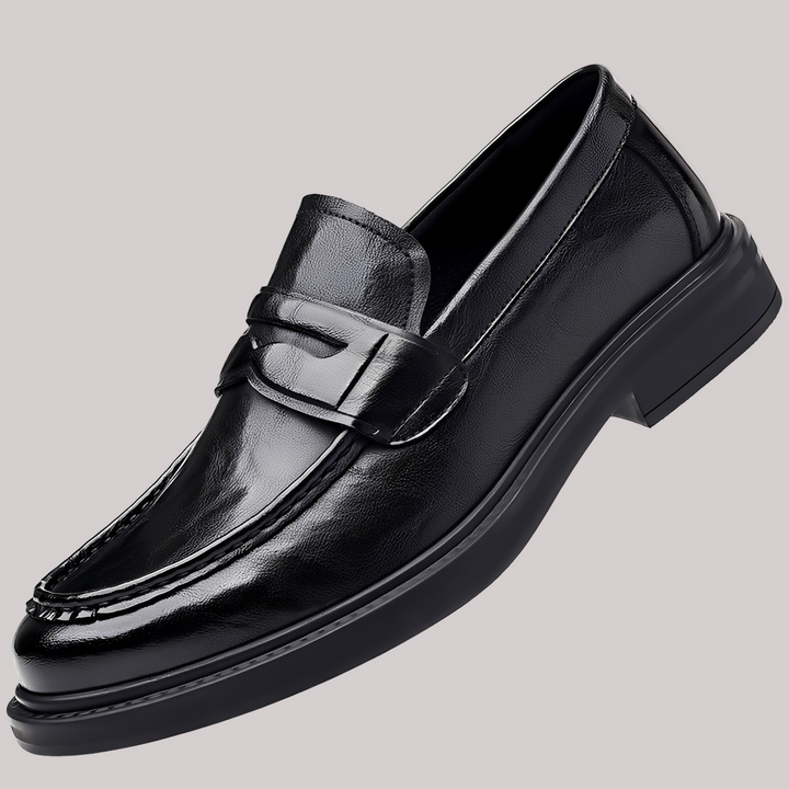 Men's moc toe penny loafers with low block heel