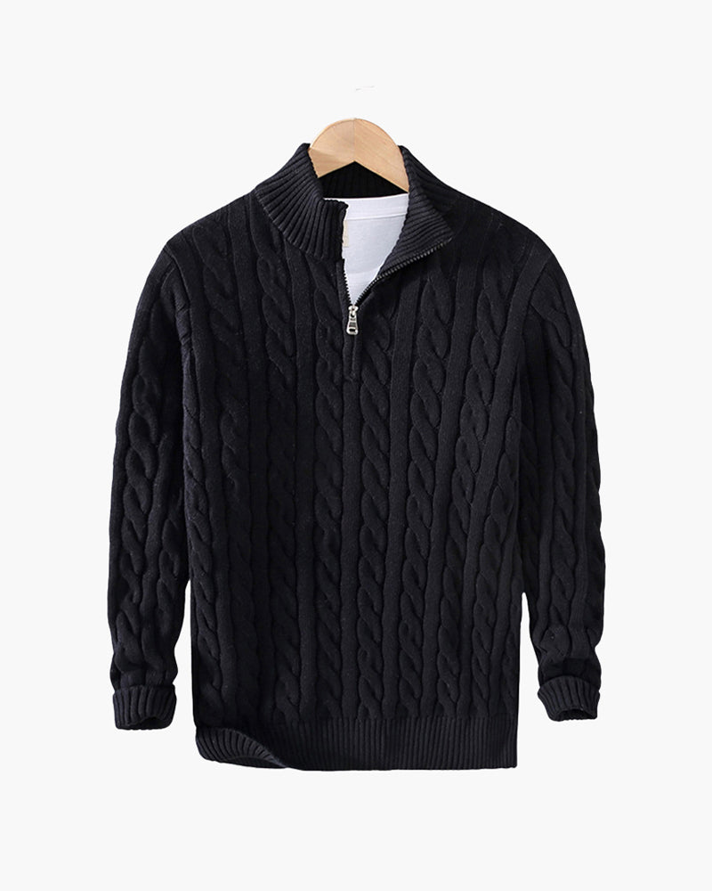 Men's cable knit half-zip sweater with stand collar