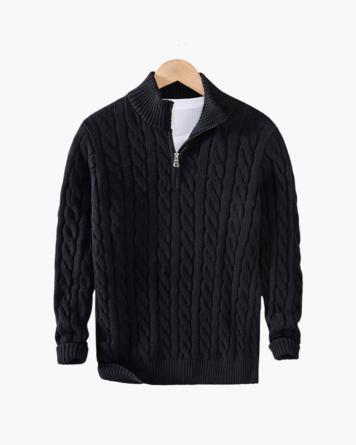 Men's cable knit half-zip sweater with stand collar