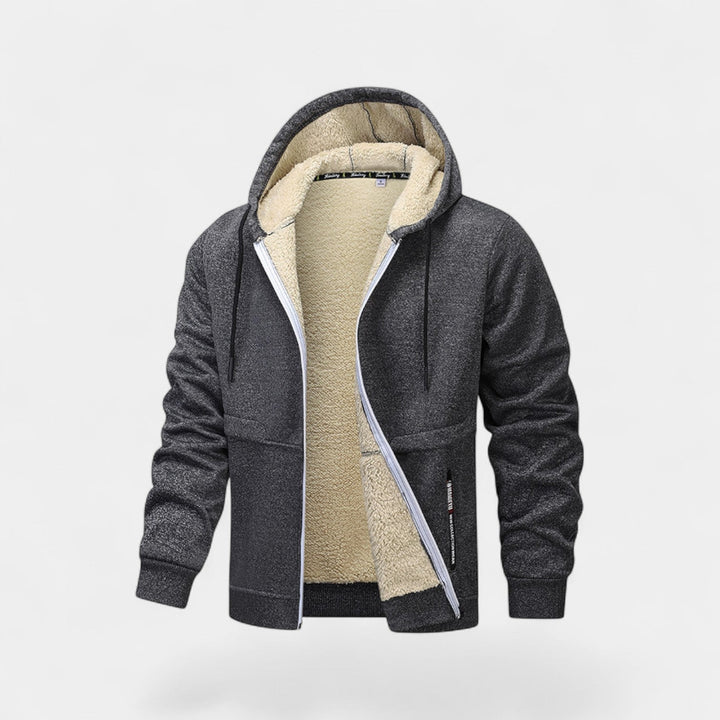 Men's hooded zip jacket with contrast sherpa-style lining and front pockets