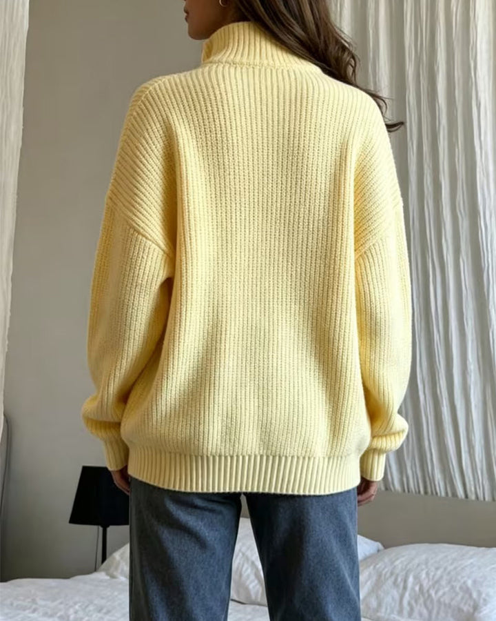 Women's yellow ribbed half-zip jumper with stand collar and long sleeves