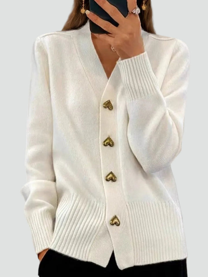 Women's V-neck knitted cardigan with heart-shaped buttons and ribbed trims