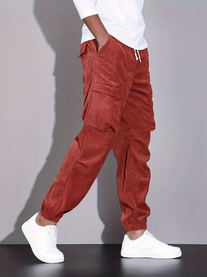 Men's corduroy cargo trousers with drawstring waist and elasticated ankle hems