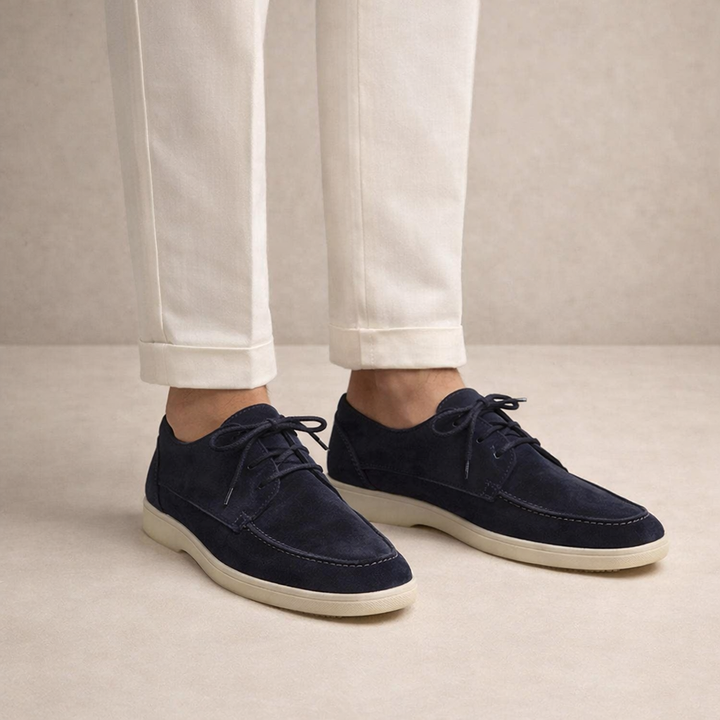 Men's lace-up loafers with moc toe stitching and low contrasting soles