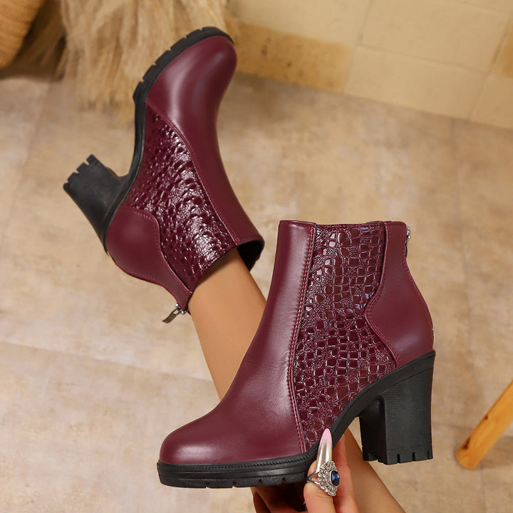 Women's ankle boots with textured patterned panels and block heels