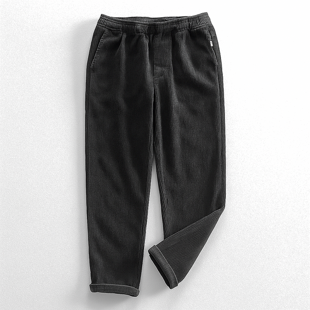 Men's ribbed corduroy pants with tapered legs and cuffed hems