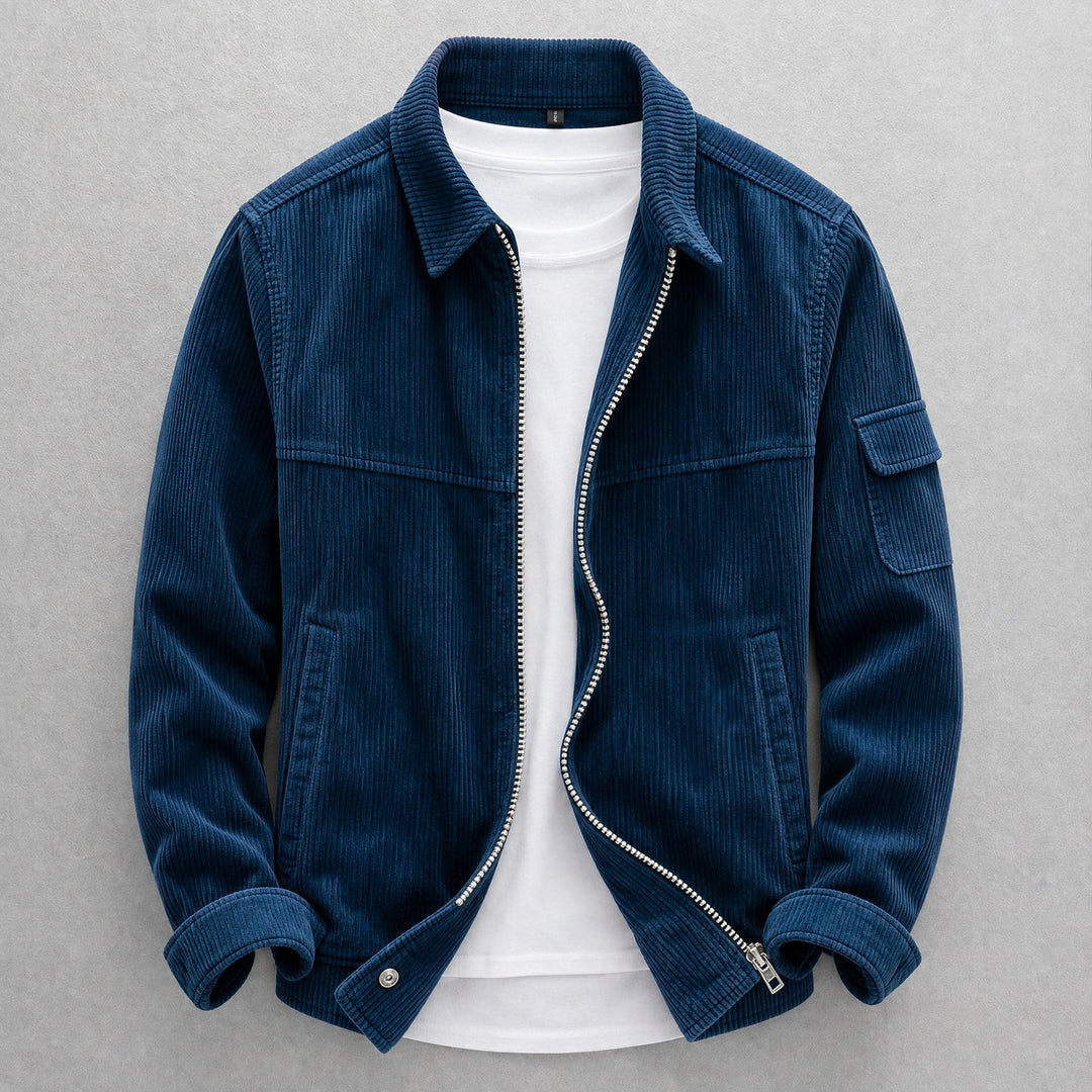 Men's corduroy utility jacket with zip front, pointed collar and sleeve pocket