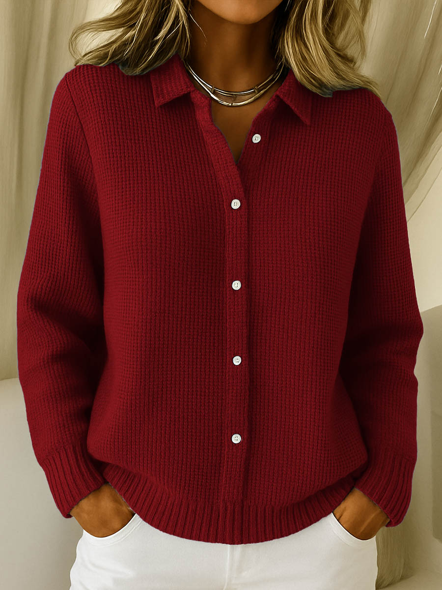 Women's ribbed cardigan with shirt collar, long sleeves and button front