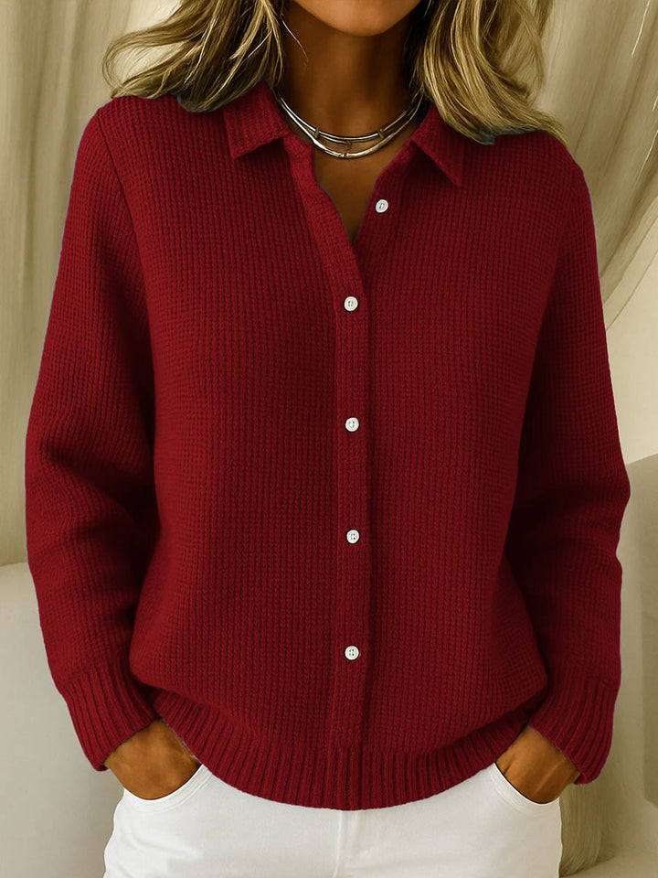 Women's ribbed cardigan with shirt collar, long sleeves and button front