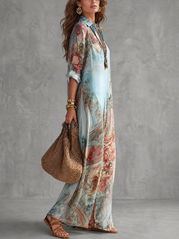Women's blue abstract printed long-sleeve shirt maxi dress