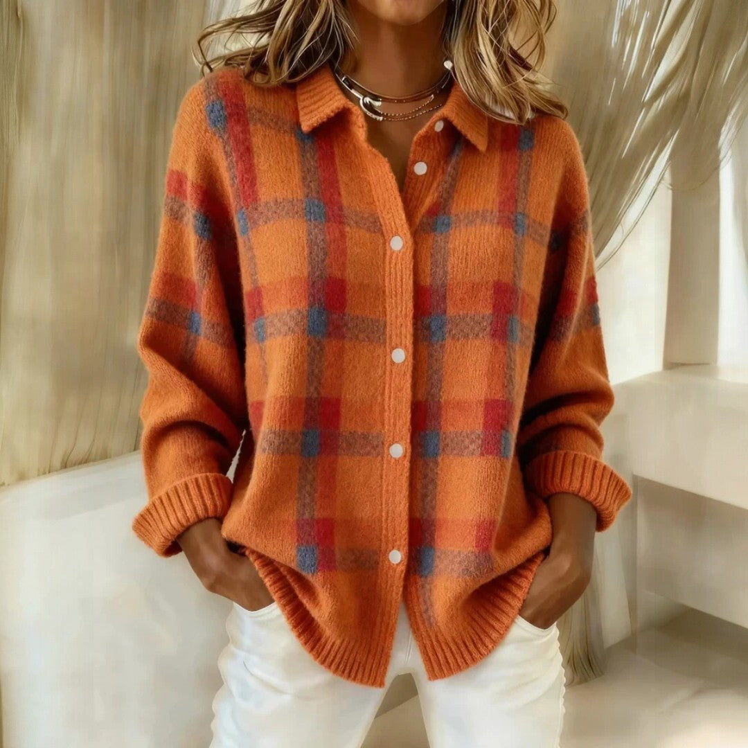 Women's checked collared knit sweater with button front