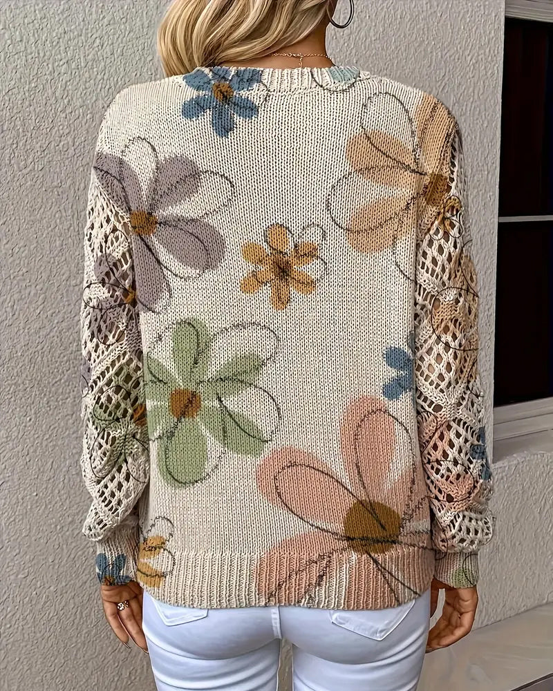 Women's multicoloured floral openwork knit sweater with V-neck and long sleeves