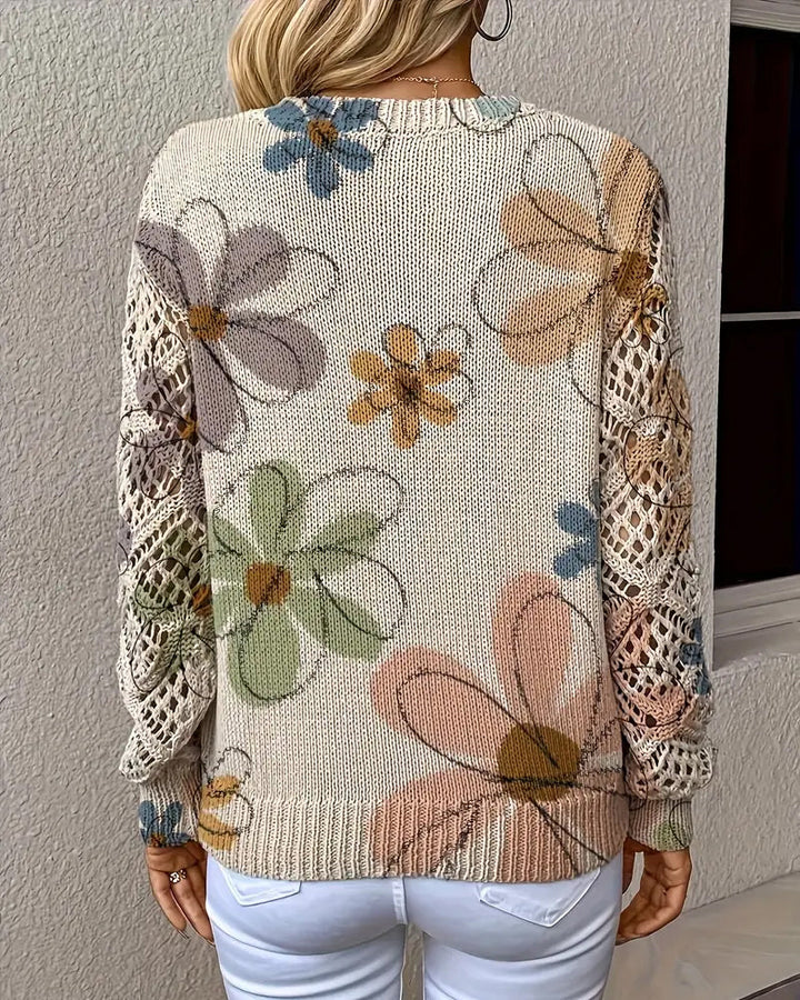 Women's multicoloured floral openwork knit sweater with V-neck and long sleeves