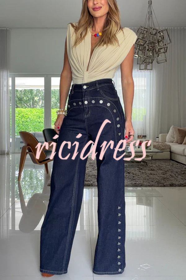 Women's navy high-rise wide leg jeans with silver-tone button details