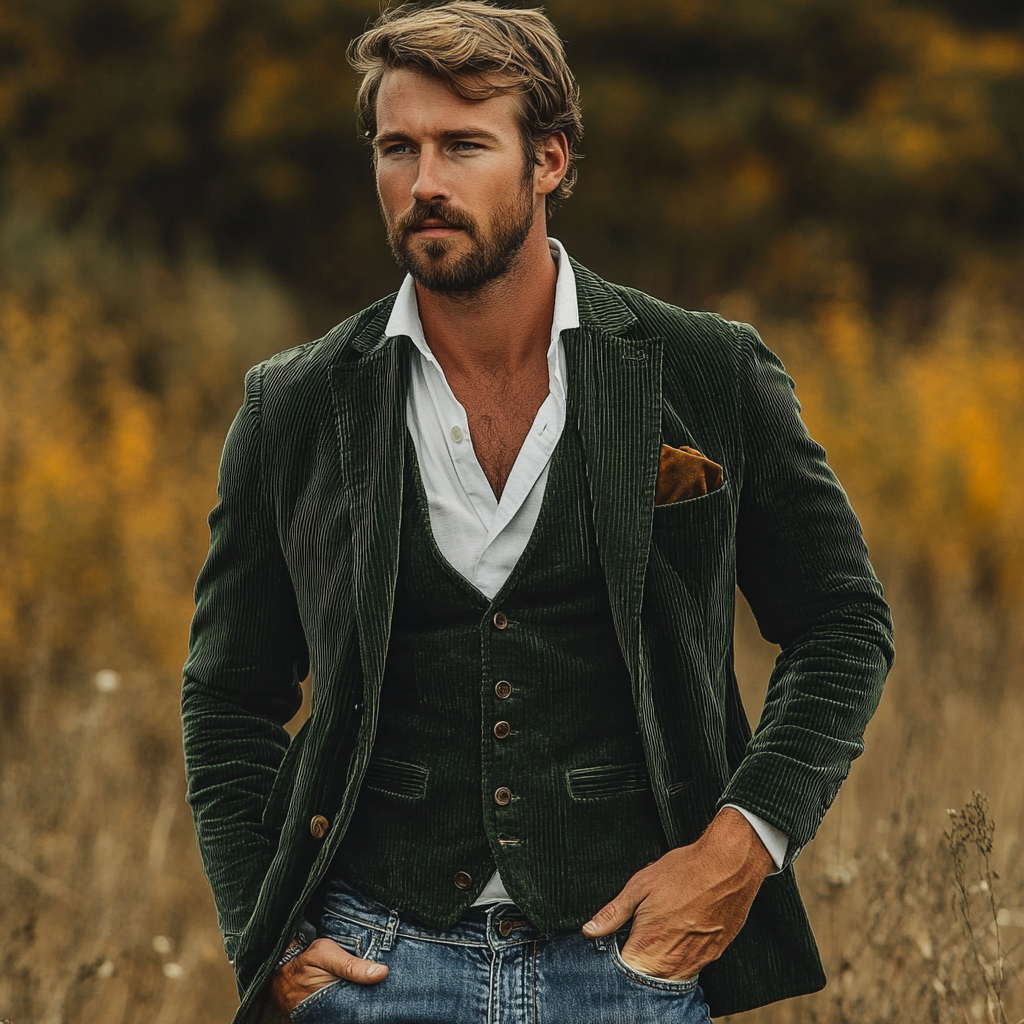 Men's textured blazer layered over a buttoned waistcoat with notched lapels