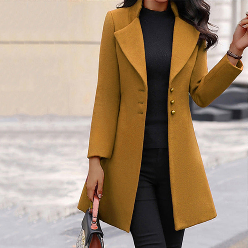 Women's long blazer coat with notched lapels and buttons
