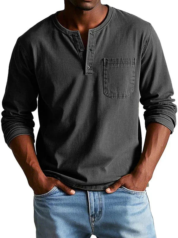 Men's plain grandad shirt with mandarin collar, buttons and chest pocket