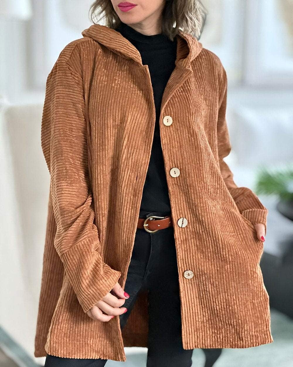 Women's ribbed hooded jacket with button front