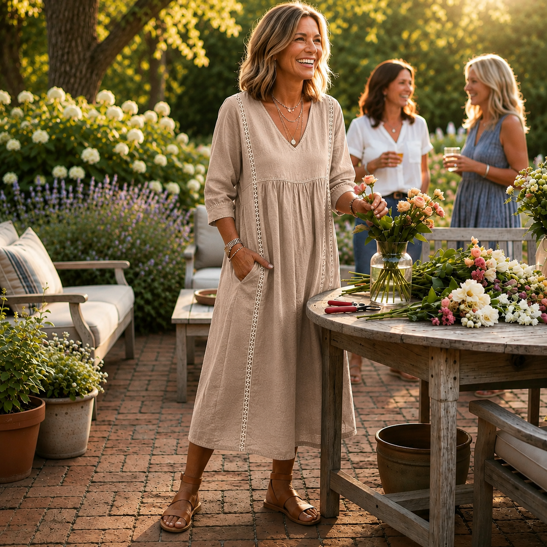 Women's Lightweight Maxi Dress — Ruched 3/4 Sleeve Dress with Pockets