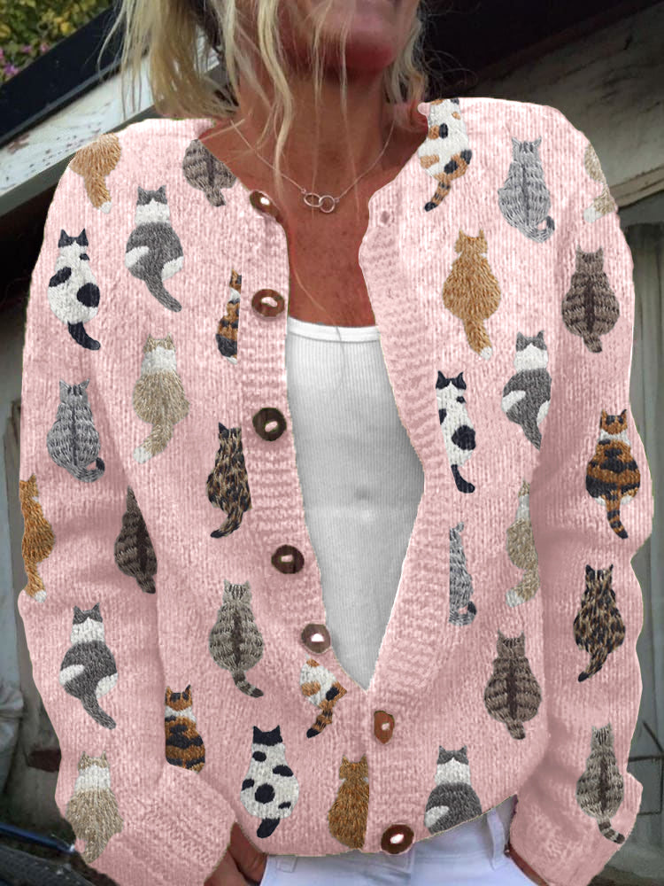 Women's cardigan with an all-over cat print, round neckline, long sleeves and button front