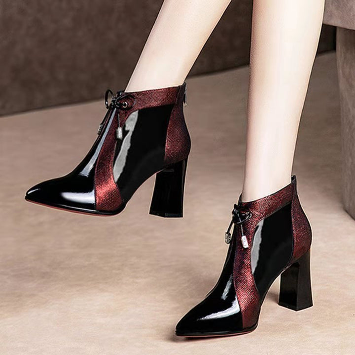Women's pointed-toe ankle boots with glossy panels and high block heels