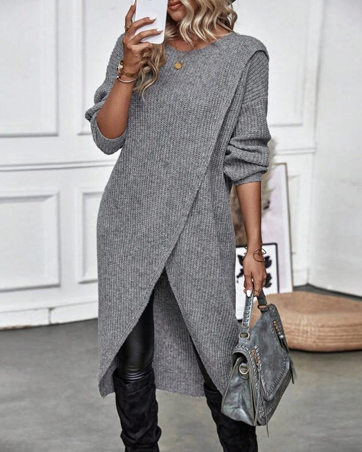 Women's knitted sweater dress with round neck, long sleeves and asymmetric hem