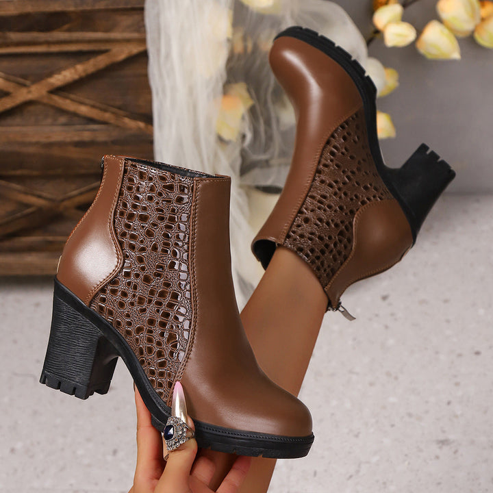Women's ankle boots with textured patterned panels and block heels