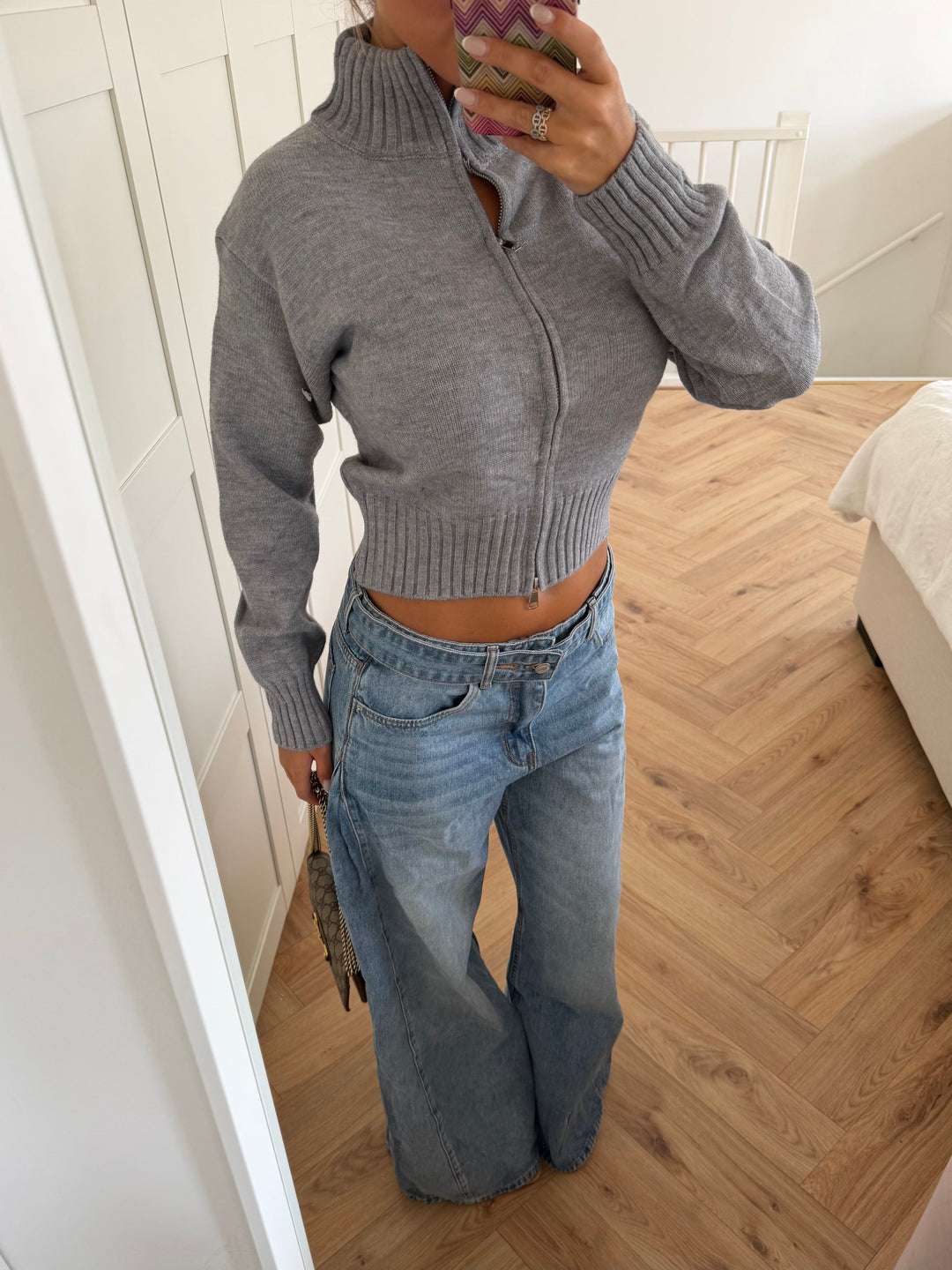 Women's light blue wide leg jeans with button and zip fly