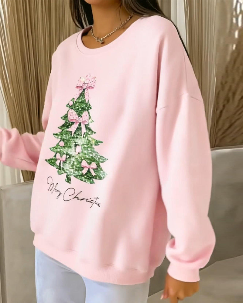Women's long-sleeve Christmas sweatshirt with a Christmas tree and bow graphic