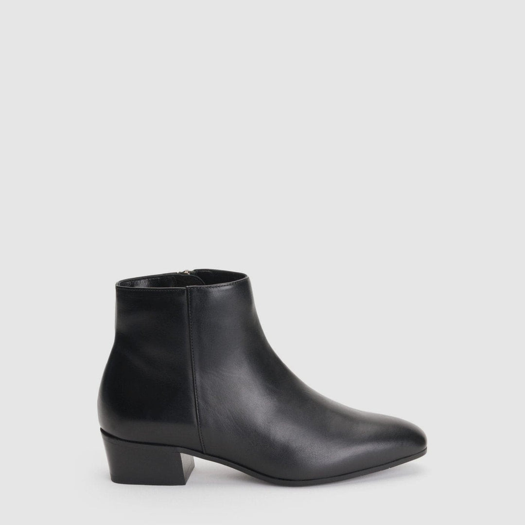Women's black ankle boots with almond toes and low block heels