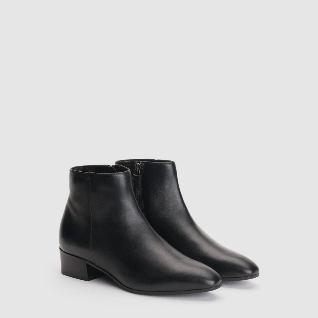 Women's black ankle boots with almond toes and low block heels