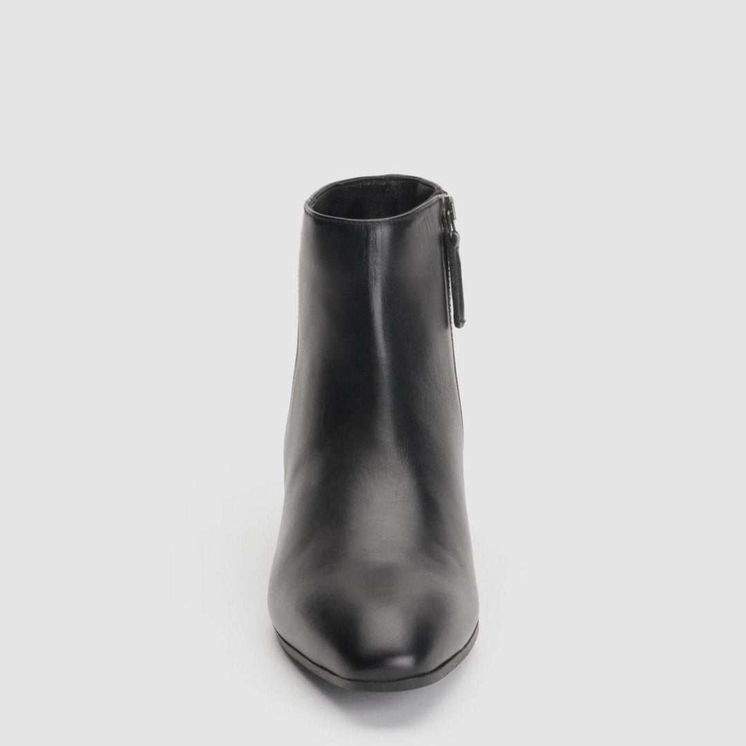 Women's black ankle boots with almond toes and low block heels