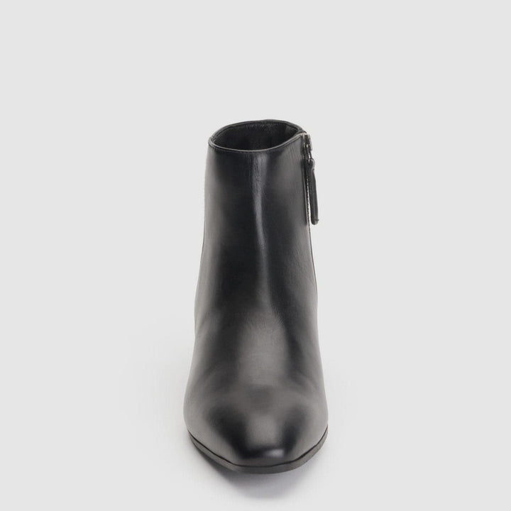 Women's black ankle boots with almond toes and low block heels