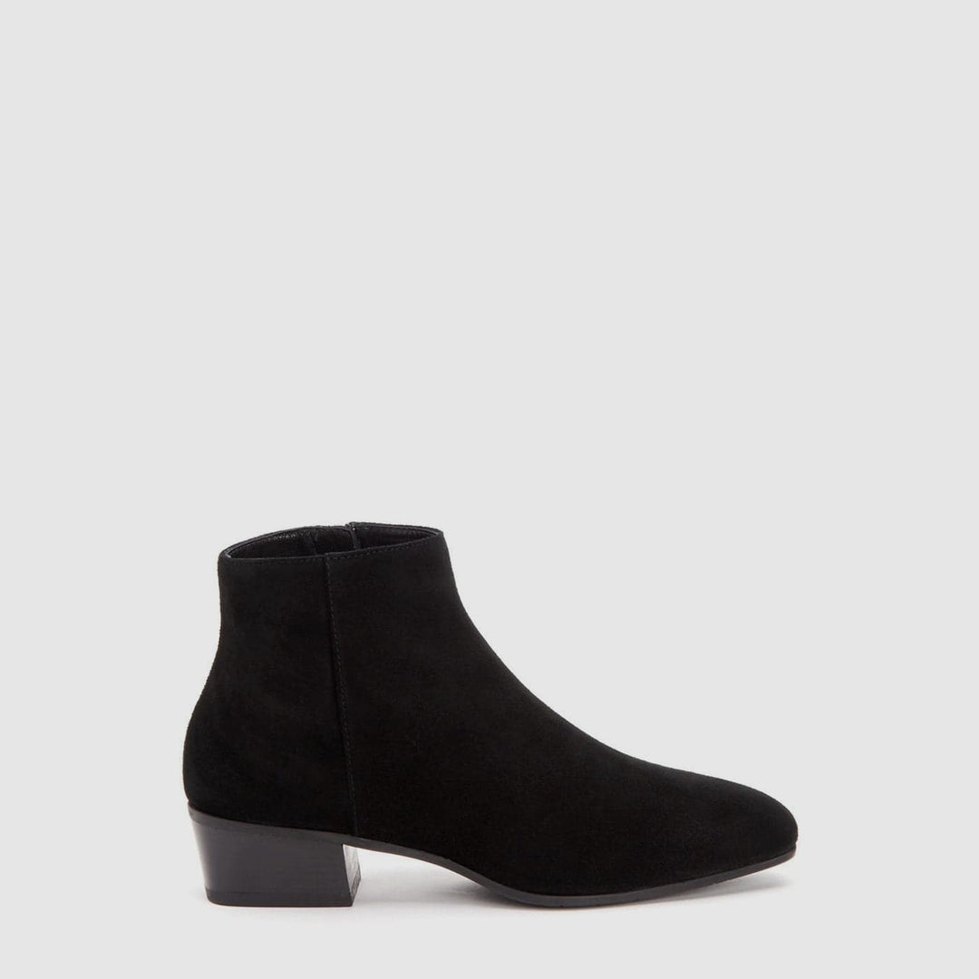 Women's black ankle boot with almond toe and low block heel