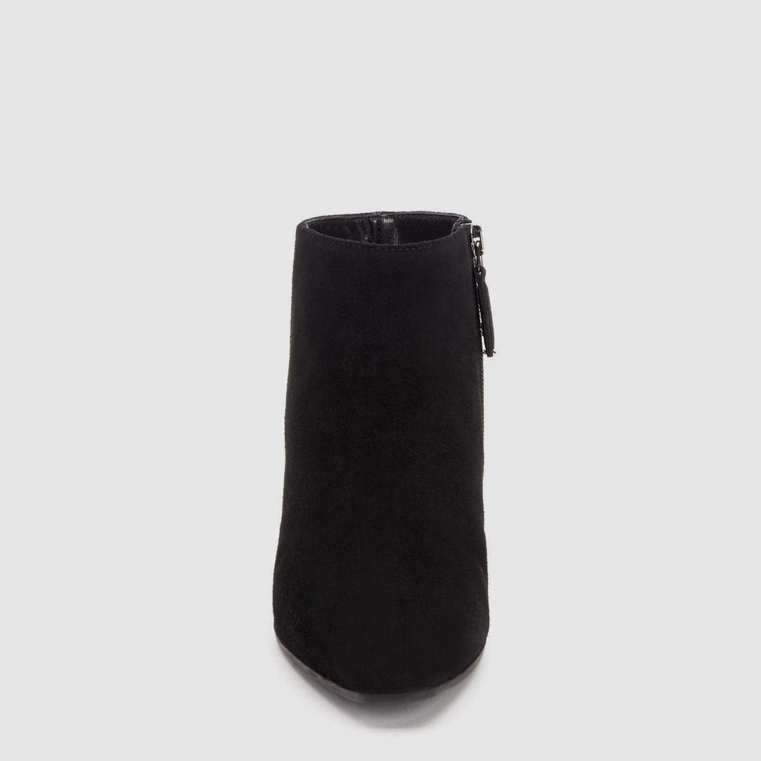 Women's black ankle boot with almond toe and low block heel
