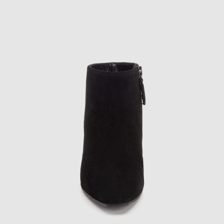 Women's black ankle boot with almond toe and low block heel