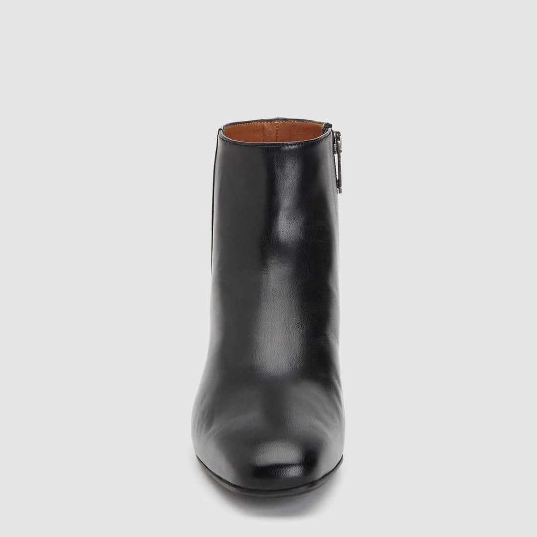 Women's black smooth ankle boot with round toe and low block heel